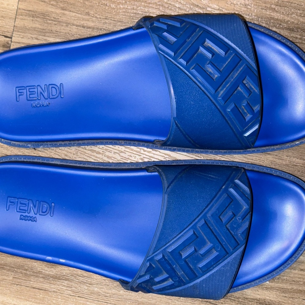 Blue Fendi FF Motif Embossed Slides